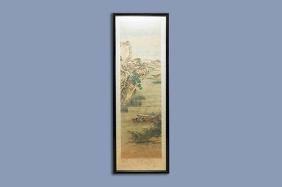 Ecole chinoise, encre et couleurs sur soie, 18/19ème: 'Buveurs de thé sur une fleuve'