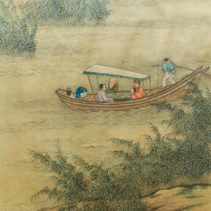 Ecole chinoise, encre et couleurs sur soie, 18/19ème: 'Buveurs de thé sur une fleuve' — photo 3