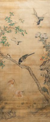 Ecole chinoise, encre et couleurs sur soie, 18/19ème: 'Des oiseaux et leurs proies'