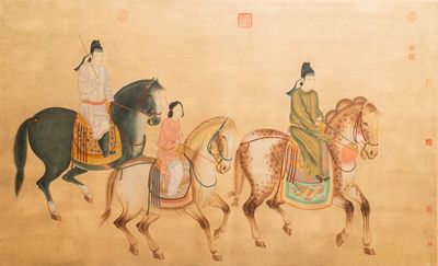 Ecole chinoise, encre et couleurs sur soie, 19/20ème: 'Trois chevaliers'