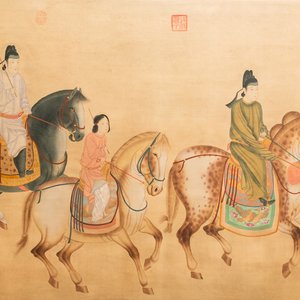 Ecole chinoise, encre et couleurs sur soie, 19/20ème: 'Trois chevaliers' — photo 1