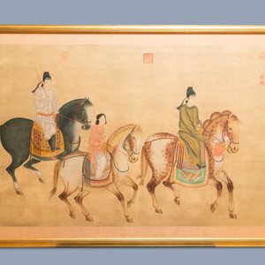 Ecole chinoise, encre et couleurs sur soie, 19/20ème: 'Trois chevaliers' — photo 2