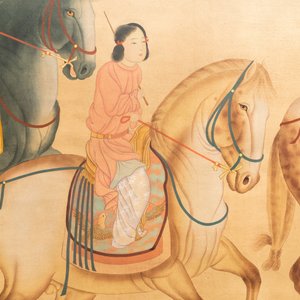 Ecole chinoise, encre et couleurs sur soie, 19/20ème: 'Trois chevaliers' — photo 4