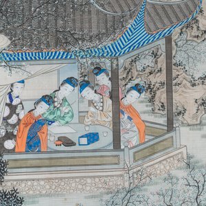 Ecole chinoise, encre et couleurs sur soie: 'Deux scène aux femmes au bord d'une fleuve', 19ème — photo 4
