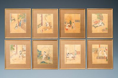 Ecole chinoise, encre et couleurs sur soie: Huit scènes érotiques et romantiques, 18/19ème