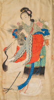 Ecole chinoise, encre et couleurs sur soie: 'Magu accompagnée d'une grue', 18/19ème