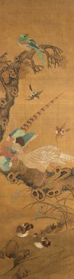 Ecole chinoise, encre et couleurs sur soie: 'Paysage aux oiseaux', 17/18ème