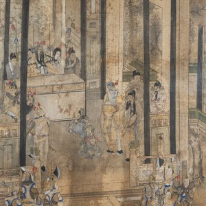 Ecole chinoise, encre et couleurs sur soie: 'Scène de palais aux soldats', Qing — photo 1