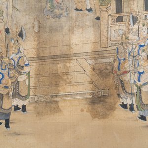 Ecole chinoise, encre et couleurs sur soie: 'Scène de palais aux soldats', Qing — photo 4