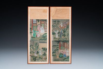 Ecole chinoise, encre et couleurs sur toile: 'Quatre scènes narratives', 19ème
