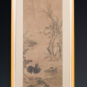 Ecole chinoise: 'Homme avec deux chevaux', encre et couleur sur soie, 18/19ème — photo 2