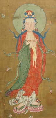 Ecole chinoise: La déesse Guanyin debout, encre et couleur sur papier, 18/19ème