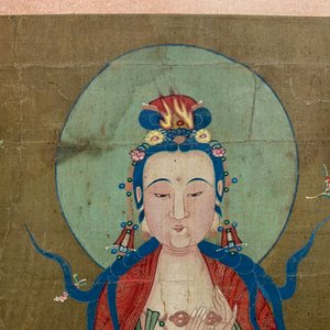Ecole chinoise: La déesse Guanyin debout, encre et couleur sur papier, 18/19ème — photo 3