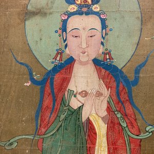 Ecole chinoise: La déesse Guanyin debout, encre et couleur sur papier, 18/19ème — photo 4
