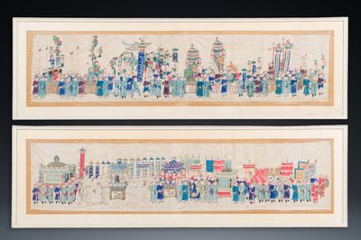 Ecole chinoise: La procession de pèlerinage du festival Dajia Mazu à Taiwan, encre et couleurs sur soie, Qing