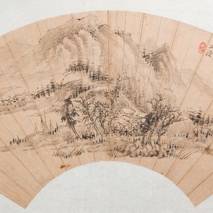Ecole chinoise: 'Paysage montagneux', encre sur papier d'éventail, daté 1883 — photo 1