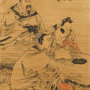Ecole chinoise, Qing, 19ème: Leçon de calligraphie, encre et couleurs sur papier, monté en rouleau — photo 1