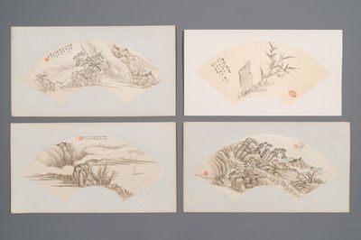 Ecole chinoise: Quatre peintures en forme d'éventail, encre et couleur sur papier, signé Bosheng 博生, 19/20ème