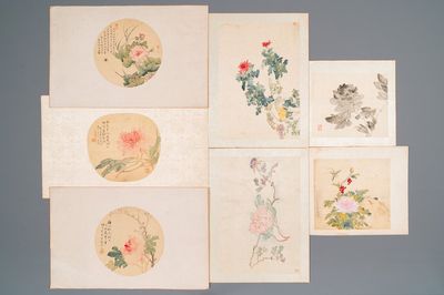 Ecole chinoise : Sept œuvres avec des insectes et des pivoines, encre et couleur sur soie, 19/20ème