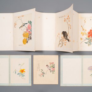 Ecole chinoise: Sept œuvres avec des oiseaux et des fleurs, encre et couleur sur soie, signées Jinghan 景涵, 19/20ème — photo 1