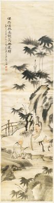 Ecole chinoise, signé Su Liupeng (1791-1862), encre et couleurs sur papier: 'Deux lettrés auprès d'un rocher'