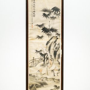 Ecole chinoise, signé Su Liupeng (1791-1862), encre et couleurs sur papier: 'Deux lettrés auprès d'un rocher' — photo 2