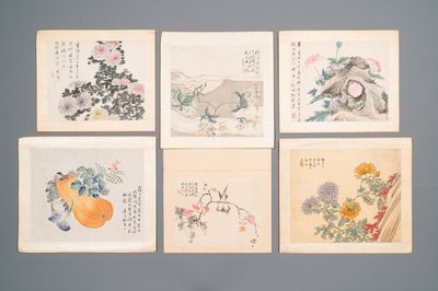 Ecole chinoise: Six œuvres avec des oiseaux, des fleurs et des fruits, encre et couleur sur papier, 19/20ème