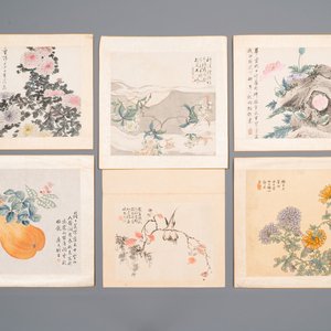 Ecole chinoise: Six œuvres avec des oiseaux, des fleurs et des fruits, encre et couleur sur papier, 19/20ème — photo 1