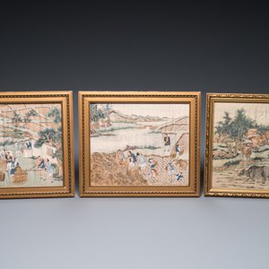 Ecole chinoise: Trois scènes de la production de riz, encre et couleurs sur soie, 19ème — photo 2