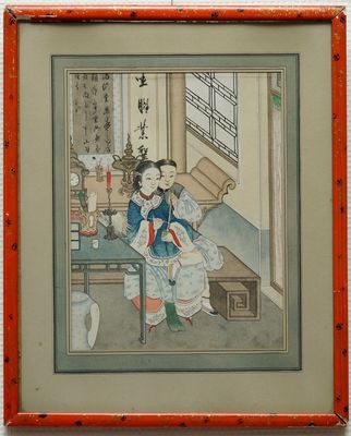 Ecole chinoise: Un couple allumant la pipe à opium, encre et couleur sur papier, 18/19ème