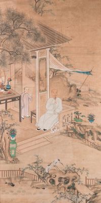 Ecole chinoise: 'Un lettré et son serviteur sur une terrasse', encre et couleurs sur papier, 18/19ème