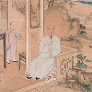 Ecole chinoise: 'Un lettré et son serviteur sur une terrasse', encre et couleurs sur papier, 18/19ème — photo 3