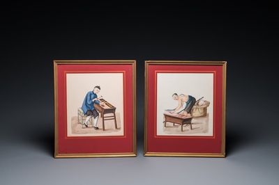 Ecole de Canton, Chine: Un serrurier et un boucher au travail, encre et couleurs sur papier, 19ème