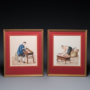 Ecole de Canton, Chine: Un serrurier et un boucher au travail, encre et couleurs sur papier, 19ème — photo 1