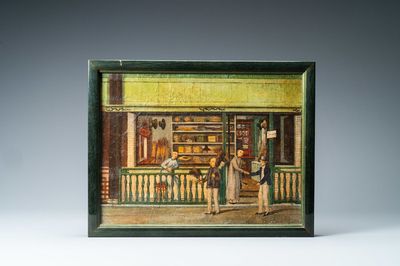 Ecole de Canton, huile sur toile: un intérieur de magasin vue de la rue, 19ème