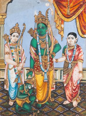 Ecole de Thanjavour, Inde du Sud: 'Vishnu', pigments et dorure sur papier, 19ème