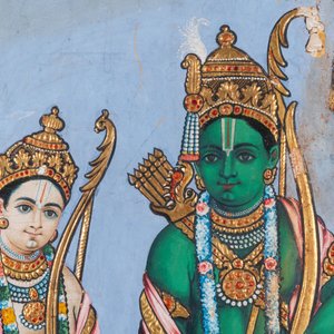 Ecole de Thanjavour, Inde du Sud: 'Vishnu', pigments et dorure sur papier, 19ème — photo 3