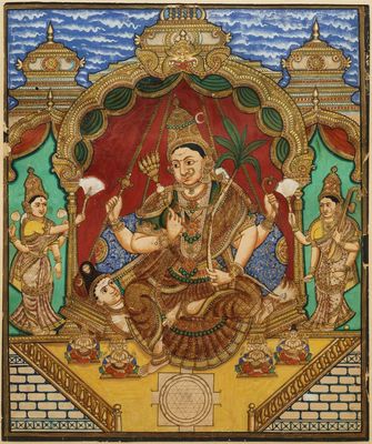 Ecole de Thanjavur, Inde du Sud, pigments et dorure sur papier, 19/20ème: 'Vishnu et Lakshmi'