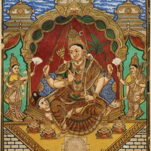 Ecole de Thanjavur, Inde du Sud, pigments et dorure sur papier, 19/20ème: 'Vishnu et Lakshmi' — photo 1