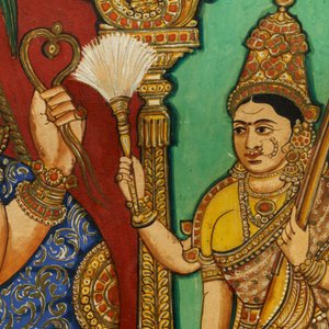 Ecole de Thanjavur, Inde du Sud, pigments et dorure sur papier, 19/20ème: 'Vishnu et Lakshmi' — photo 4