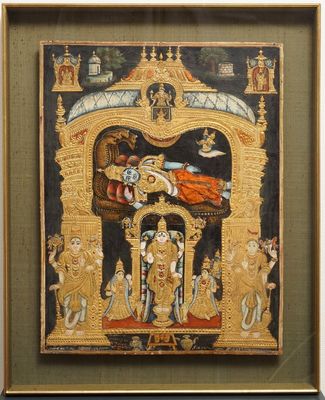 Ecole de Thanjavur, Inde du Sud: Vishnu reposant sur Ananta-Shesha, pigments et dorure sur tissu, 19/20ème