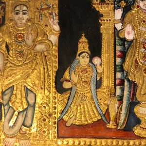 Ecole de Thanjavur, Inde du Sud: Vishnu reposant sur Ananta-Shesha, pigments et dorure sur tissu, 19/20ème — photo 11