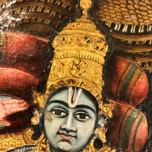 Ecole de Thanjavur, Inde du Sud: Vishnu reposant sur Ananta-Shesha, pigments et dorure sur tissu, 19/20ème — photo 47