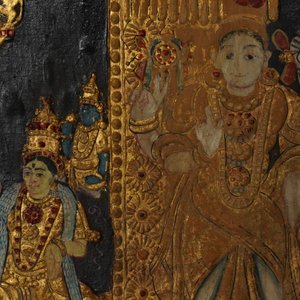 Ecole de Thanjavur, Inde du Sud: Vishnu reposant sur Ananta-Shesha, pigments et dorure sur tissu, 19/20ème — photo 82