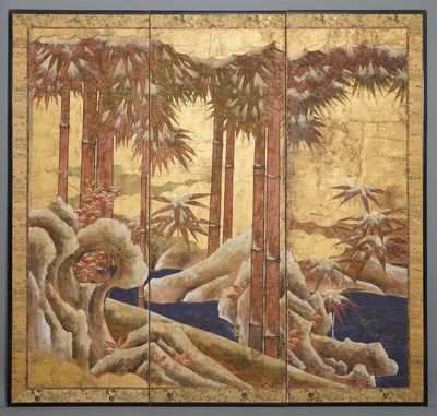 Ecole de Tosa, Japon, 16/17ème, écran à l'encre, couleurs et or sur papier: un rivage au bambou