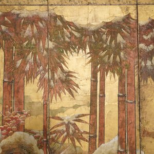 Ecole de Tosa, Japon, 16/17ème, écran à l'encre, couleurs et or sur papier: un rivage au bambou — photo 2