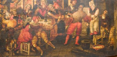 Ecole flamande: 'Faire la fête dans une auberge', huile sur panneau, 17ème