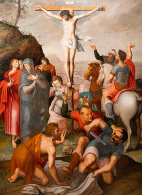 Ecole flamande: Soldats romains se battent pour un jeu de dés devant le Christ en croix, huile sur panneau, 1ère moitié du 16ème