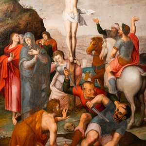 Ecole flamande: Soldats romains se battent pour un jeu de dés devant le Christ en croix, huile sur panneau, 1ère moitié du 16ème — photo 1