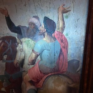 Ecole flamande: Soldats romains se battent pour un jeu de dés devant le Christ en croix, huile sur panneau, 1ère moitié du 16ème — photo 11